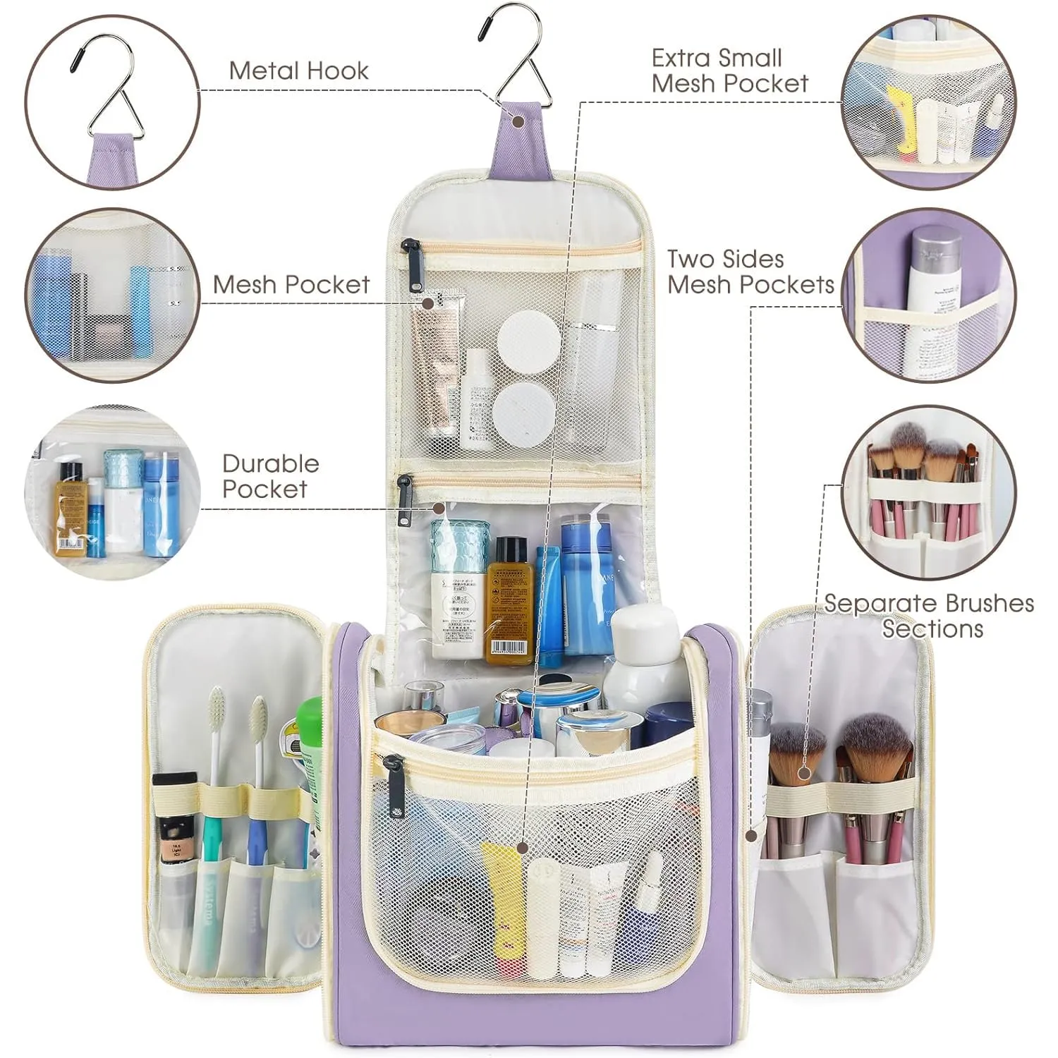 Hanging Toiletry Bag for Women Travel Makeup Bag Organizer Toiletries Bag for Cosmetics Essentials Accessories (Large, Light Purple)