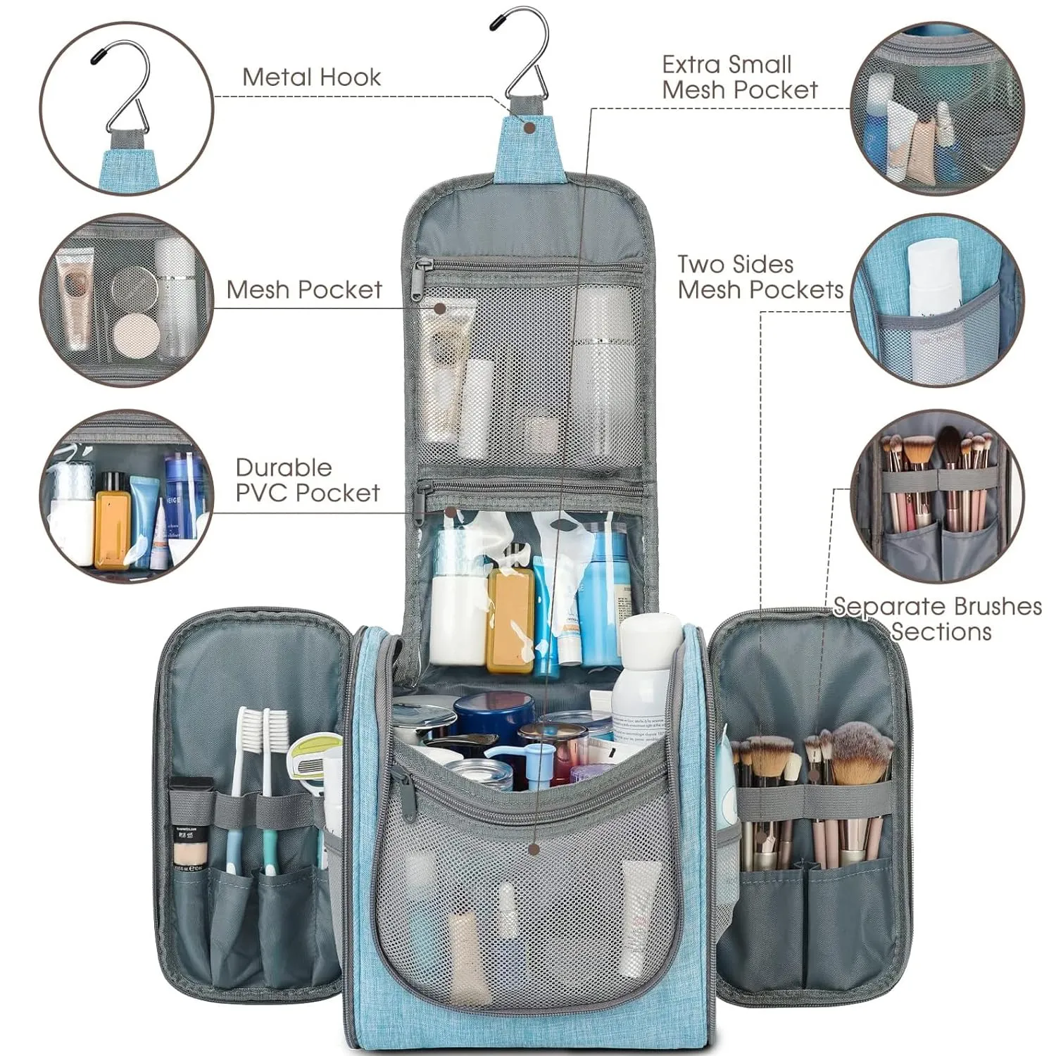 Hanging Toiletry Bag for Women Travel Makeup Bag Organizer Toiletries Bag Men for Cosmetics Essentials Accessories (Large, Sky Blue)