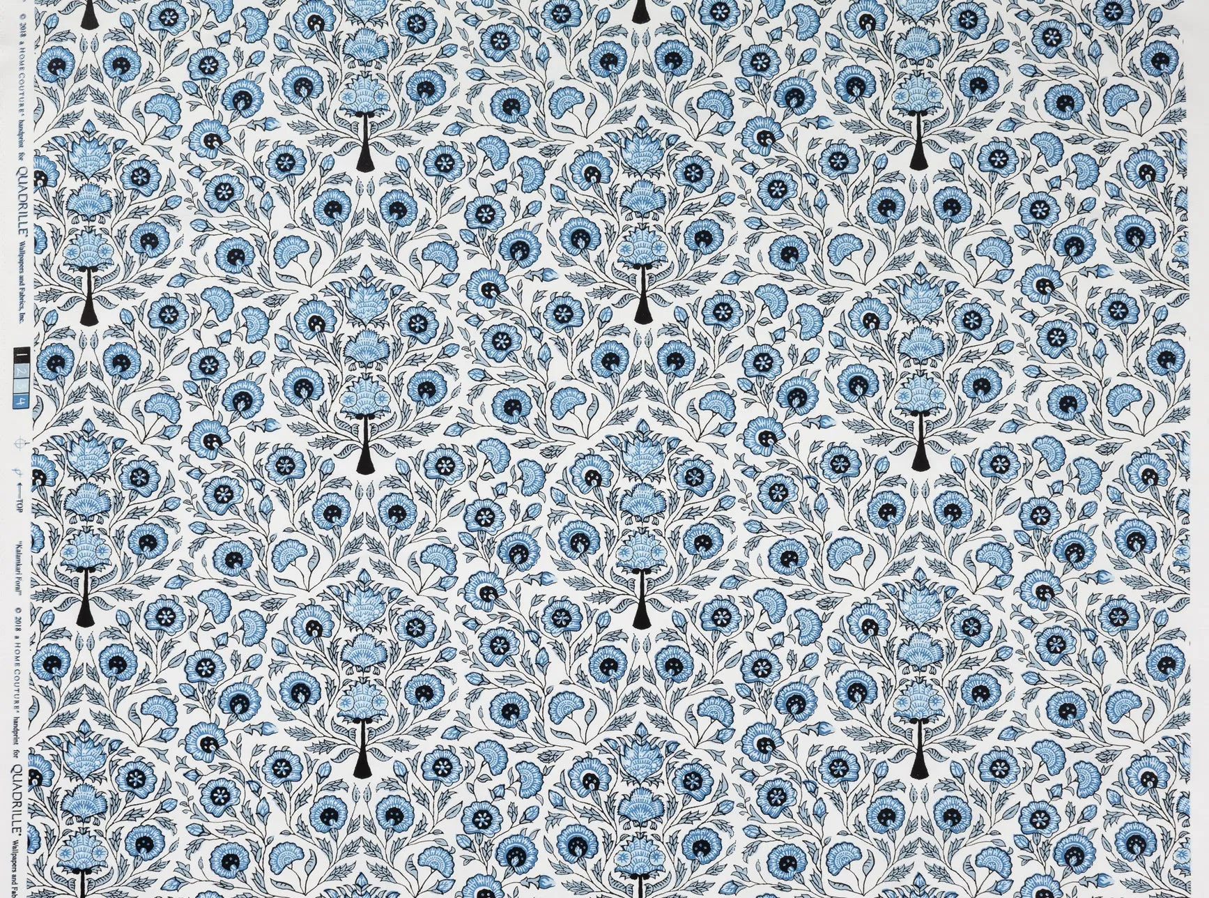 Home Couture Fabric: Kalamkari Floral - Custom Medium Blues on White Linen / Cotton