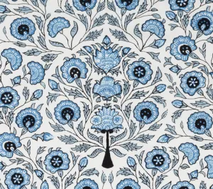 Home Couture Fabric: Kalamkari Floral - Custom Medium Blues on White Linen / Cotton