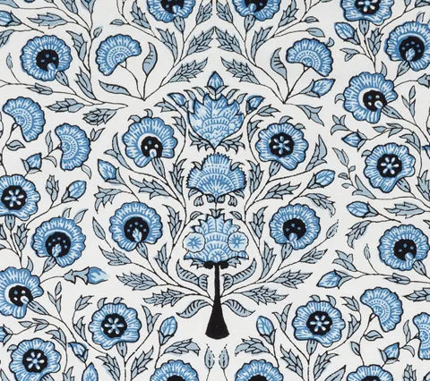 Home Couture Fabric: Kalamkari Floral - Custom Medium Blues on White Linen / Cotton