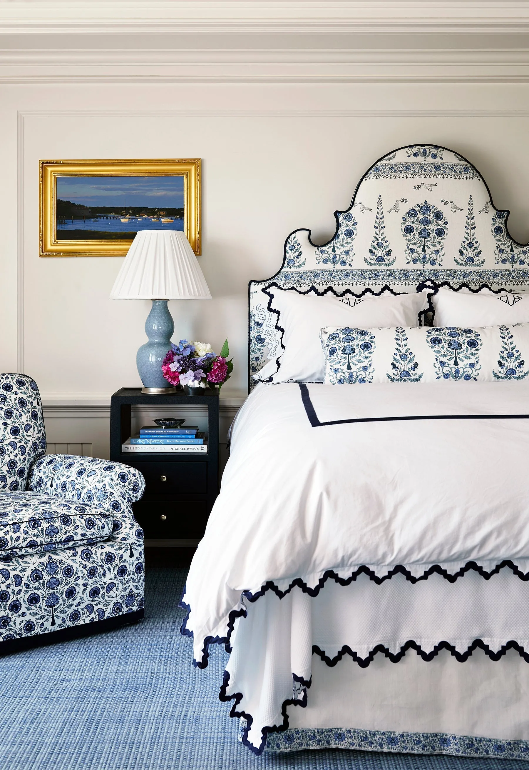 Home Couture Fabric: Kalamkari Floral - Custom Medium Blues on White Linen / Cotton