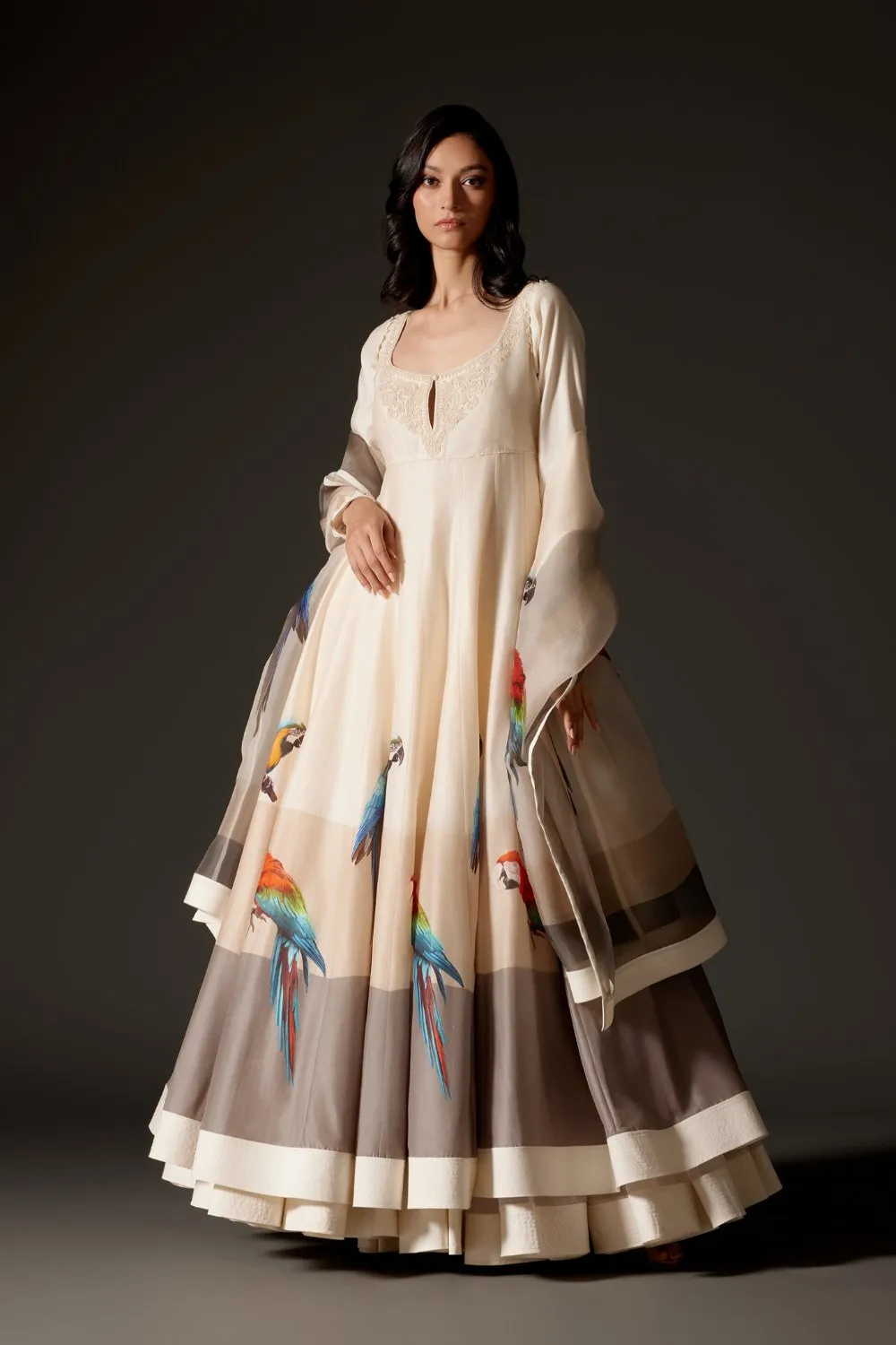 Ivory Printed Anarkali Set with Churidar and Dupatta