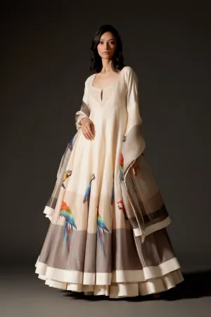 Ivory Printed Anarkali Set with Churidar and Dupatta