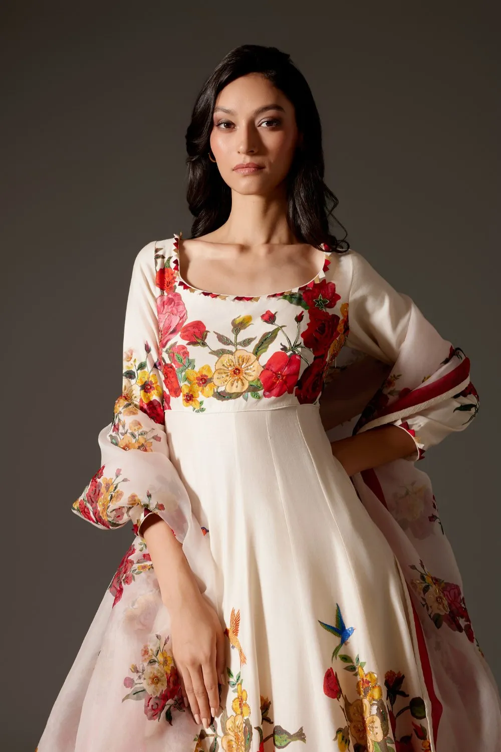 Ivory Printed Anarkali Set with Churidar and Dupatta