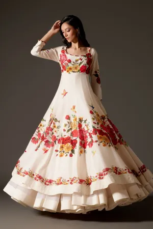 Ivory Printed Anarkali Set with Churidar and Dupatta