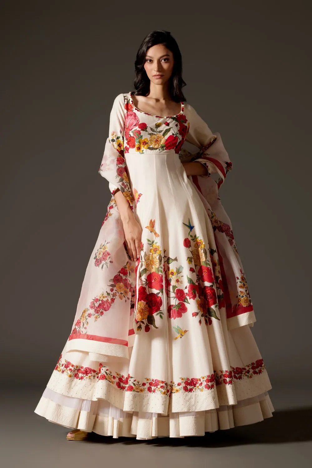 Ivory Printed Anarkali Set with Churidar and Dupatta