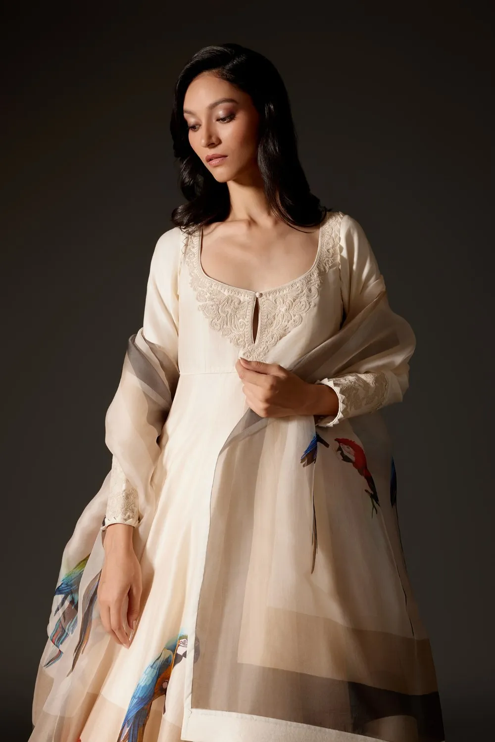 Ivory Printed Anarkali Set with Churidar and Dupatta