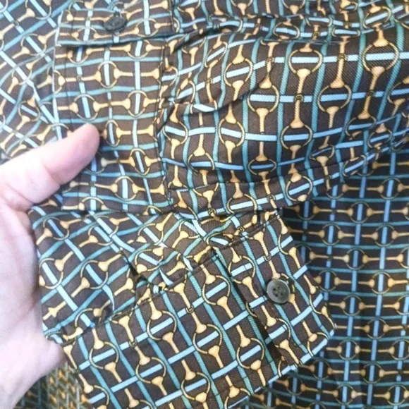 J McLaughlin NWOT Horsebit Print Darden Silk Neck Tie Dress Brown Blue Sz Medium