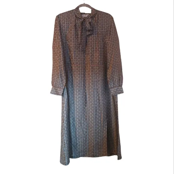 J McLaughlin NWOT Horsebit Print Darden Silk Neck Tie Dress Brown Blue Sz Medium