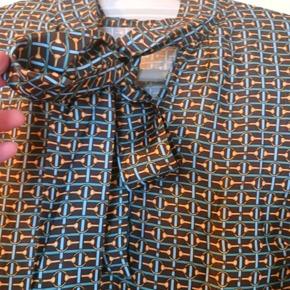 J McLaughlin NWOT Horsebit Print Darden Silk Neck Tie Dress Brown Blue Sz Medium