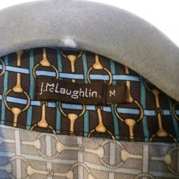 J McLaughlin NWOT Horsebit Print Darden Silk Neck Tie Dress Brown Blue Sz Medium