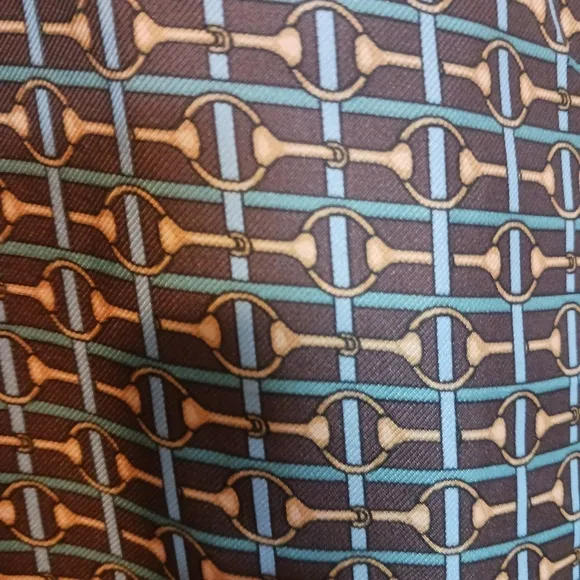 J McLaughlin NWOT Horsebit Print Darden Silk Neck Tie Dress Brown Blue Sz Medium