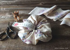 Japanese Handmade Cotton Linen Scrunchies, Flower Bouquet, Ivory