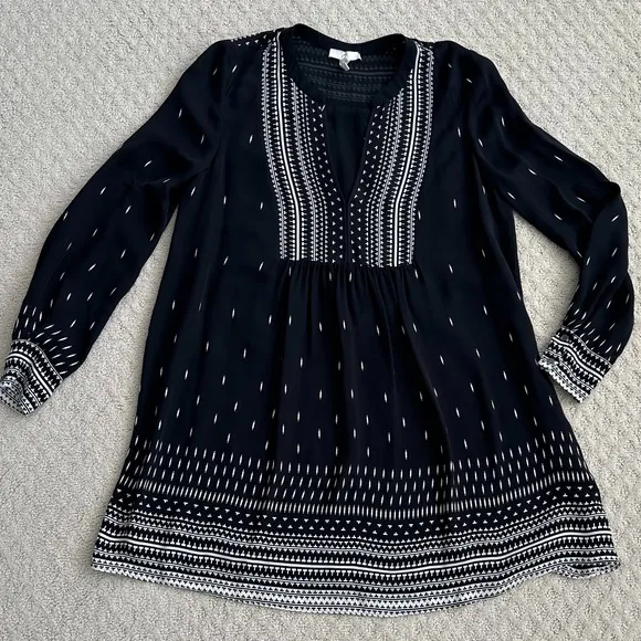 Joie Black/White 100% Silk Long Sleeve Tunic Dress Size XS