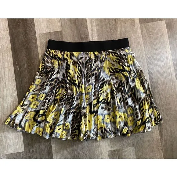 Karen Kane Yellow Gray Ikat Flare Silk Blend Mini Skirt, Size XL