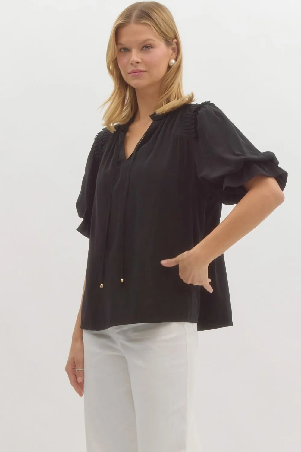 Karlie Solid Short Sleeve Bubble Sleeve Pullover Top