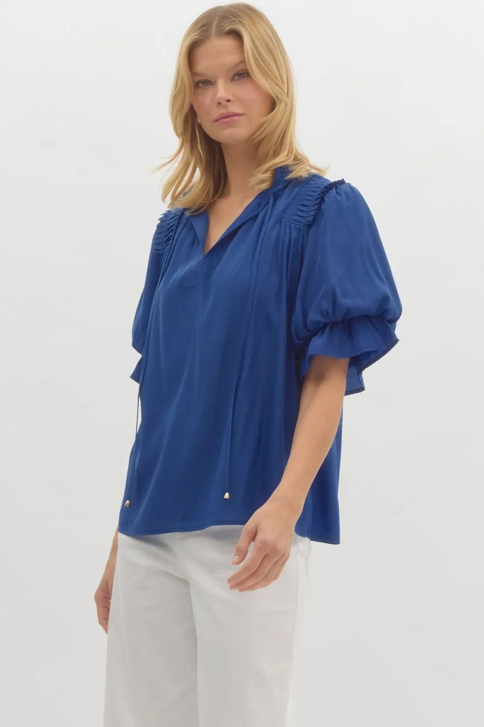 Karlie Solid Short Sleeve Bubble Sleeve Pullover Top