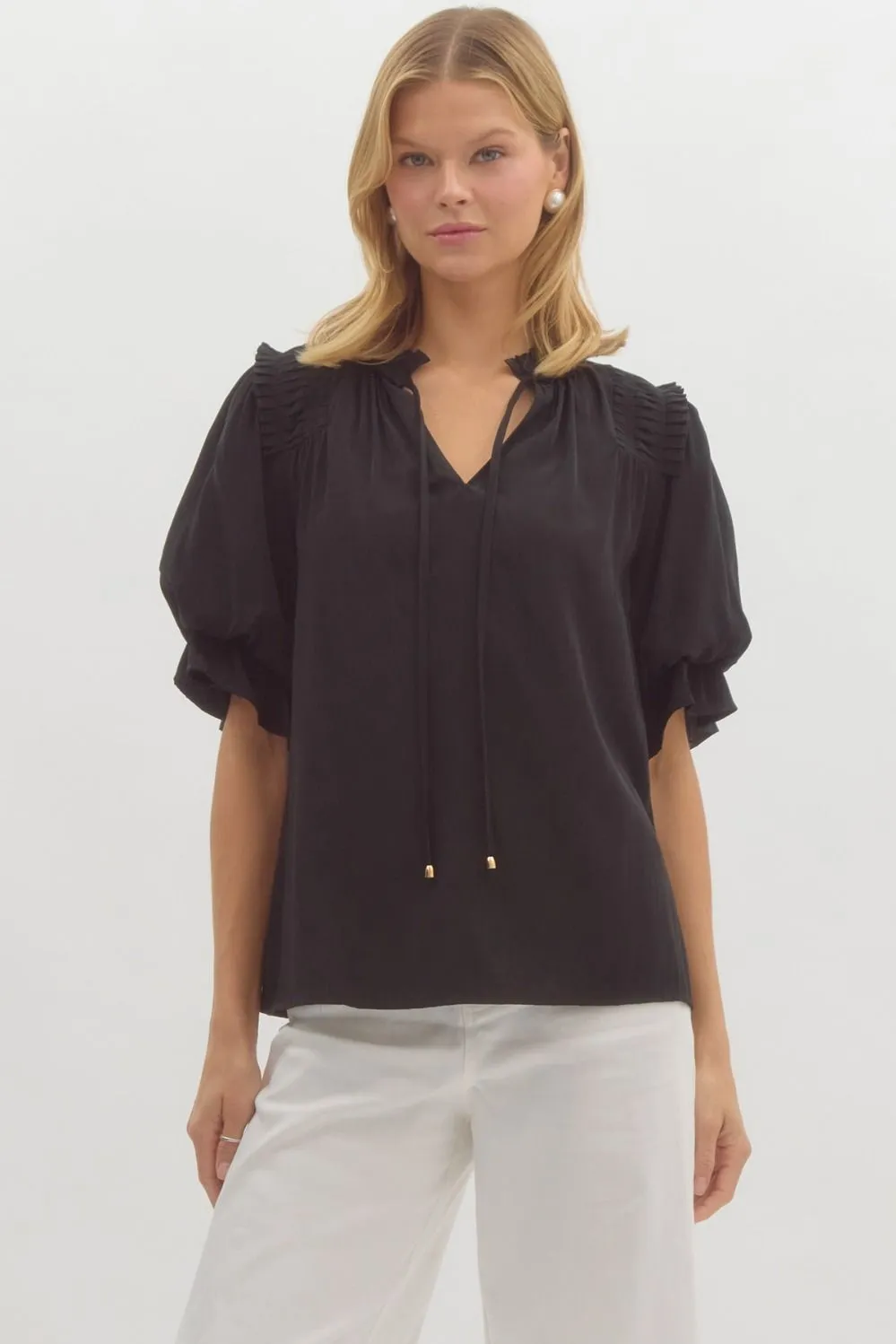Karlie Solid Short Sleeve Bubble Sleeve Pullover Top