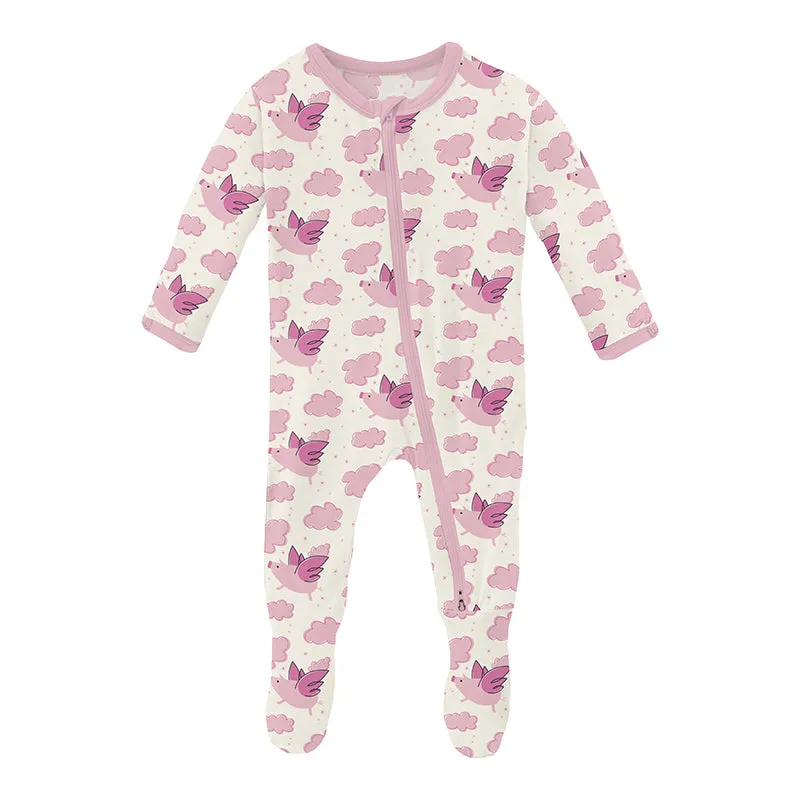KicKee Pants Footie w/Zipper - Natural Flying Pigs