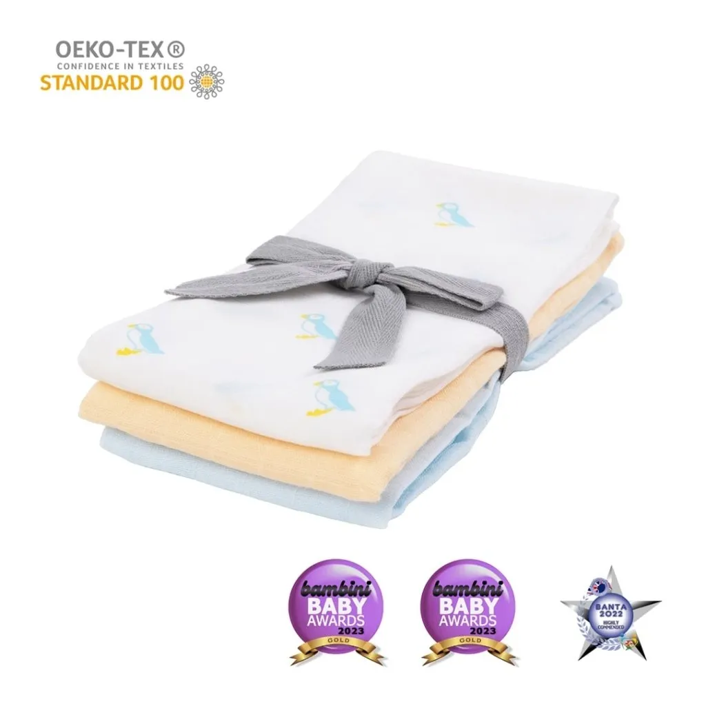 KIKI & SEBBY Bamboo & Cotton Swaddle Blanket (120 x 120 cm) - Puffin   Blue