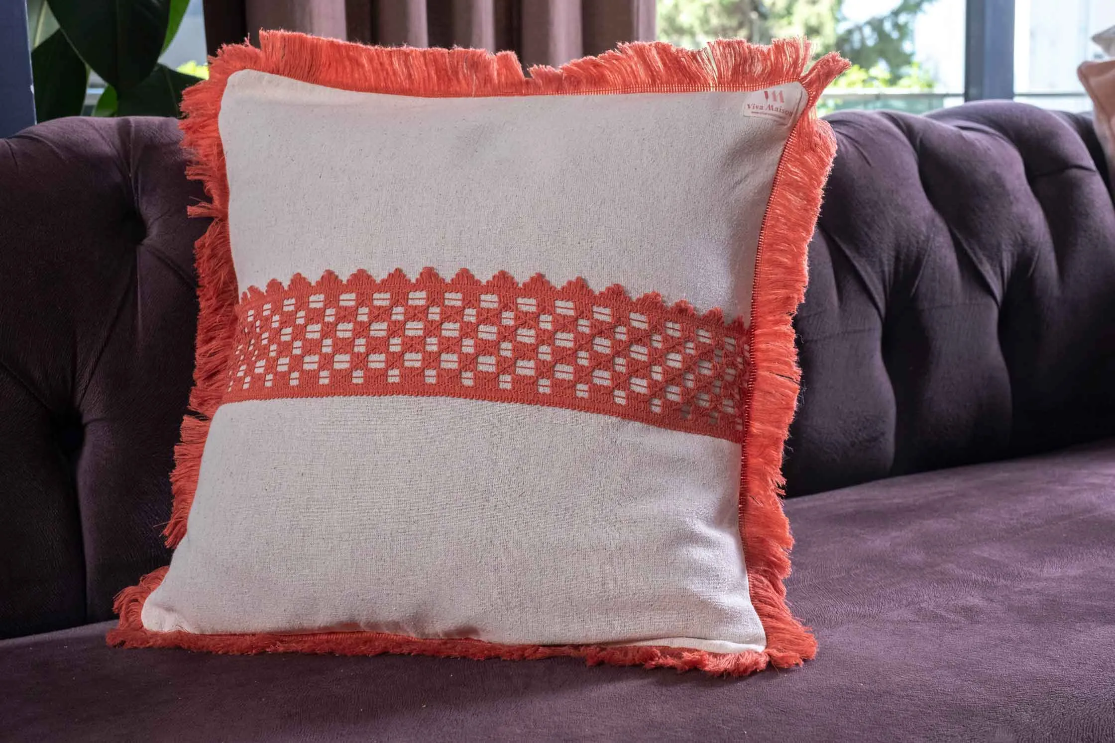 Lace and Tassel Fringed Design Linen Cushion Cover