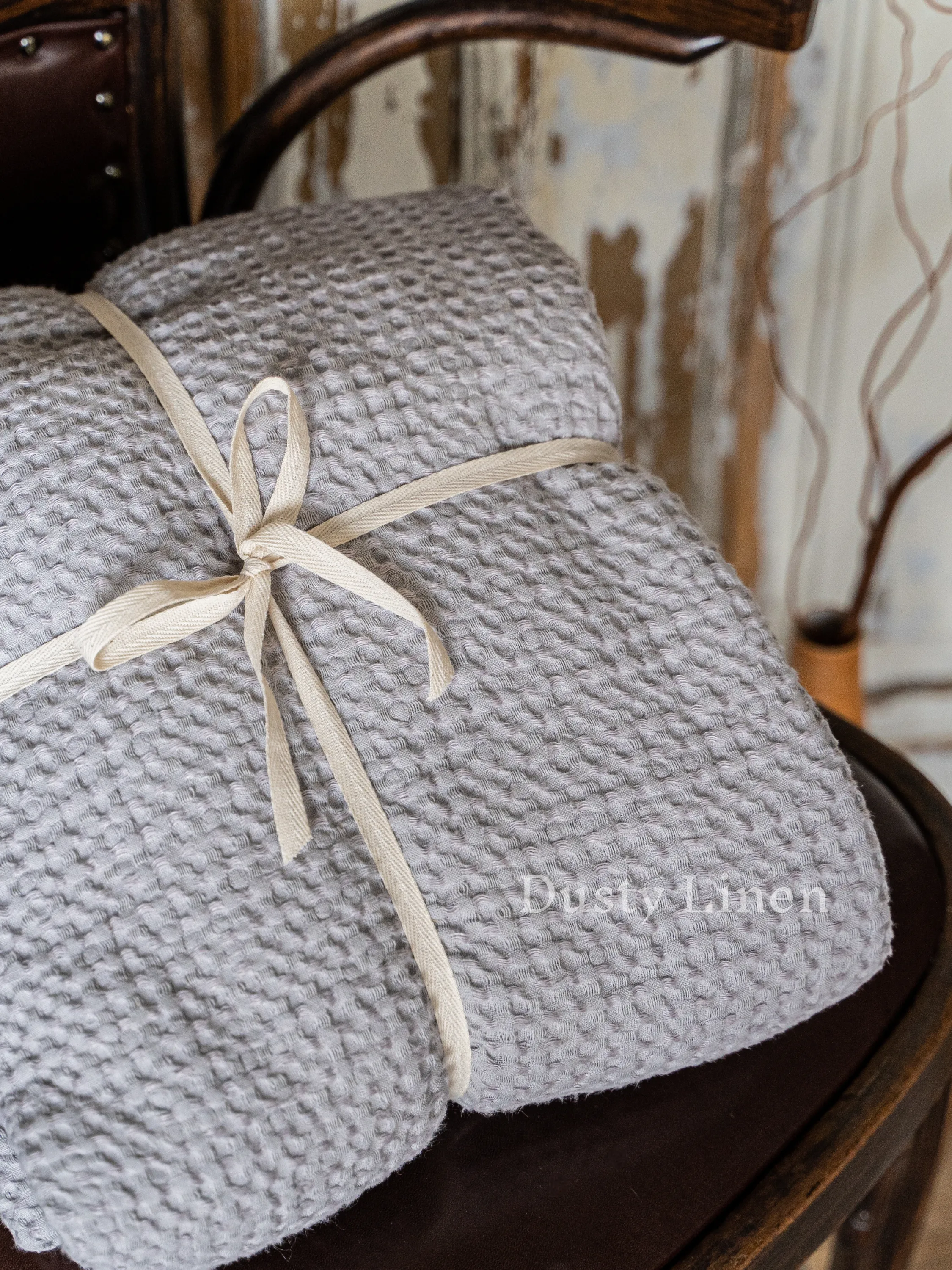Large waffle blanket (53% linen and 47% cotton) Light Grey color