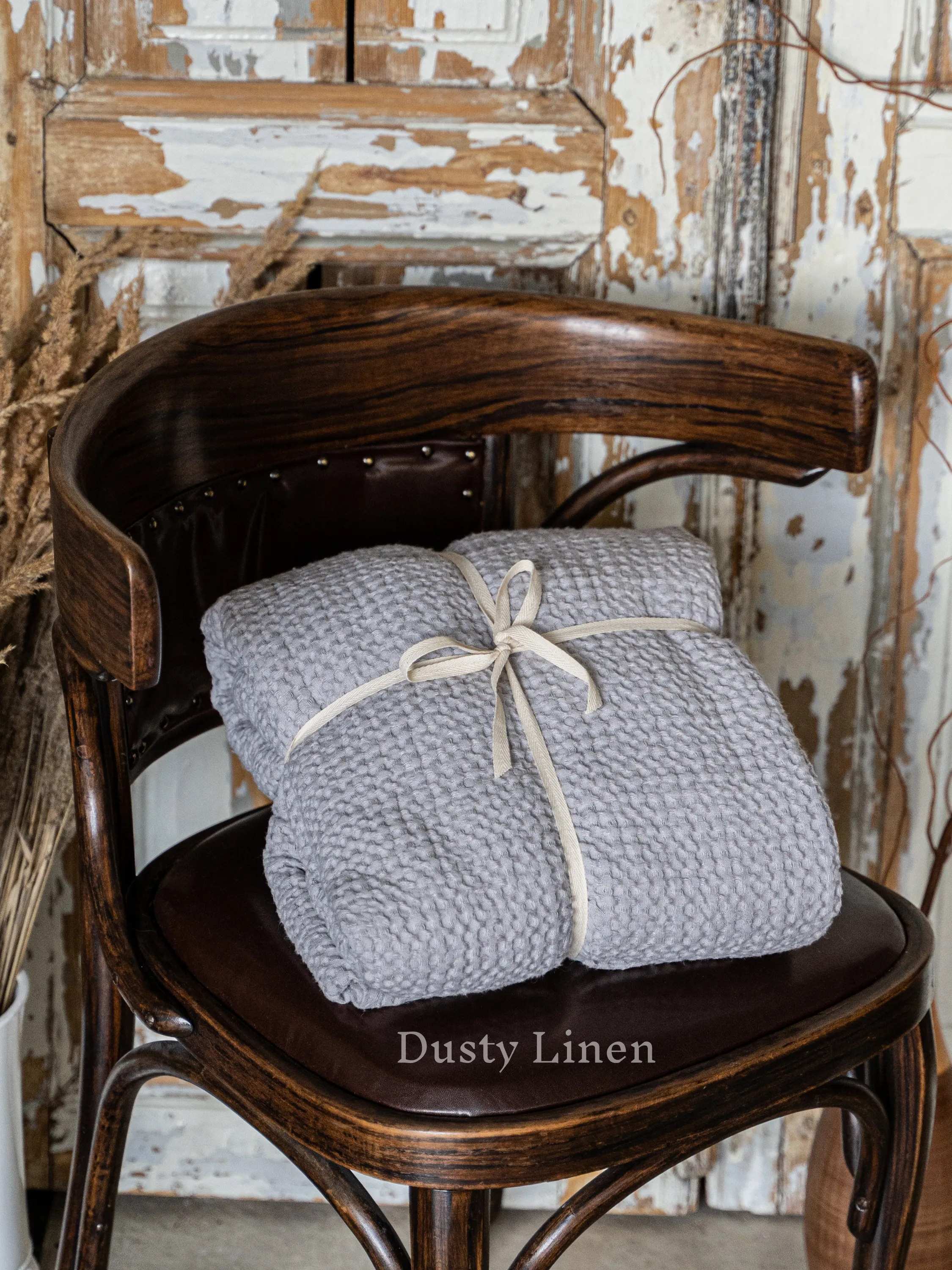 Large waffle blanket (53% linen and 47% cotton) Light Grey color