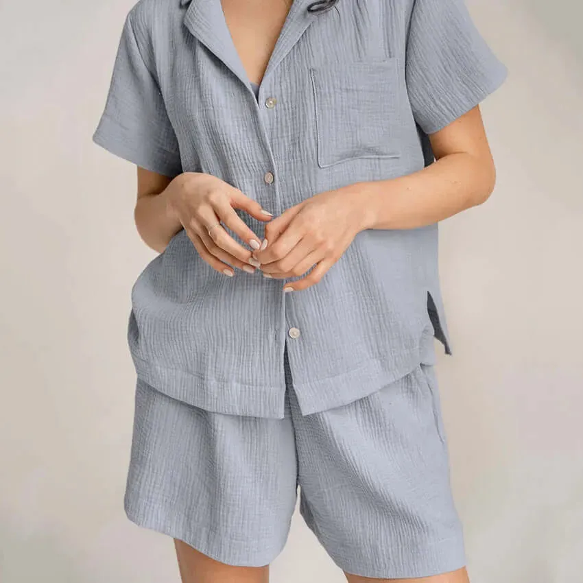 Lightweight Cotton Linen Button Up Shirt and Pant Pajama Set