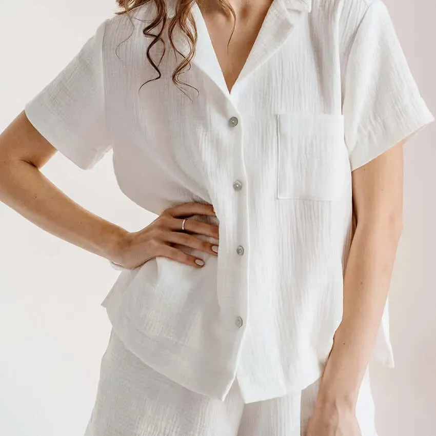 Lightweight Cotton Linen Button Up Shirt and Pant Pajama Set