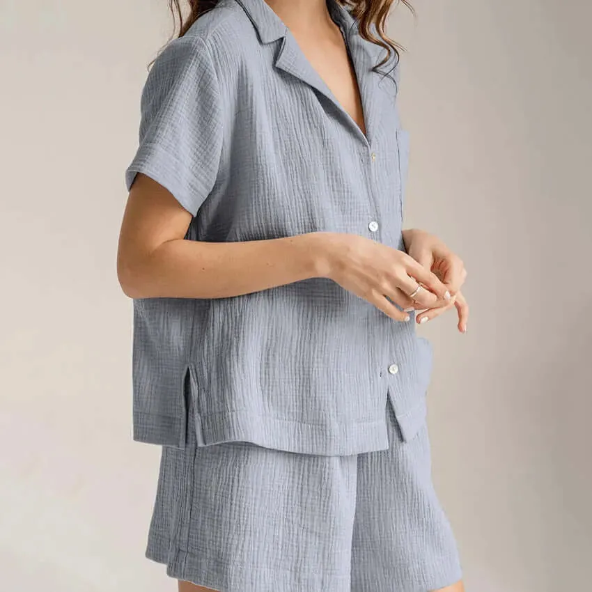 Lightweight Cotton Linen Button Up Shirt and Pant Pajama Set