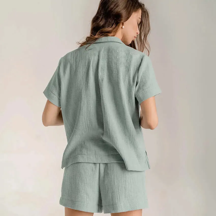 Lightweight Cotton Linen Button Up Shirt and Pant Pajama Set