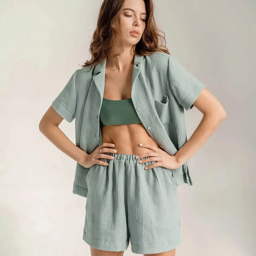 Lightweight Cotton Linen Button Up Shirt and Pant Pajama Set