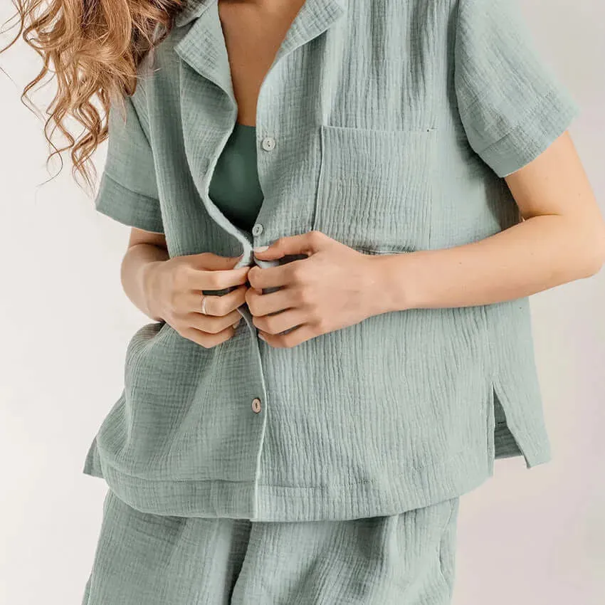 Lightweight Cotton Linen Button Up Shirt and Pant Pajama Set