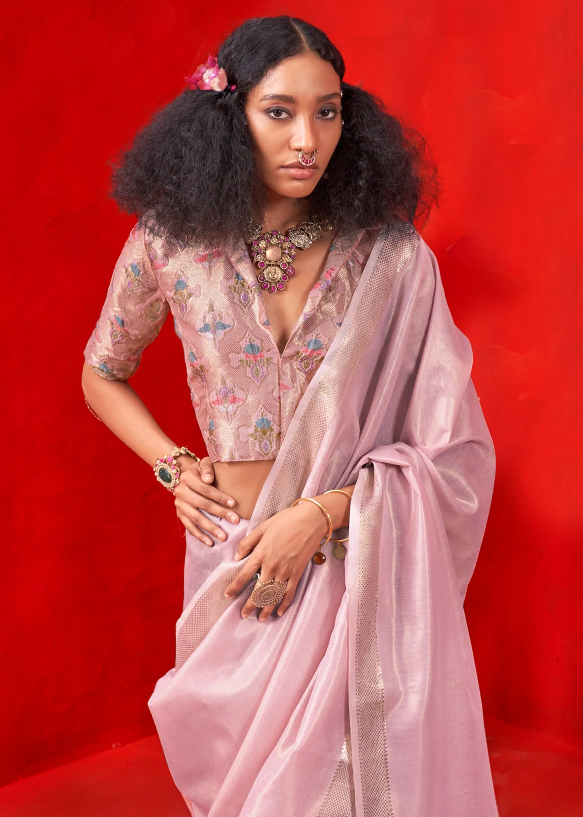 Lilac Purple Woven Tissue Silk Saree With Brocade Blouse