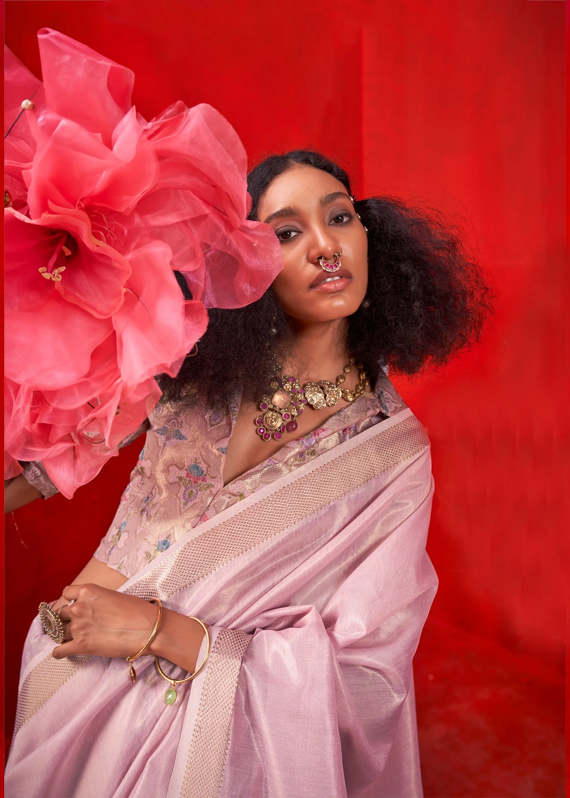 Lilac Purple Woven Tissue Silk Saree With Brocade Blouse