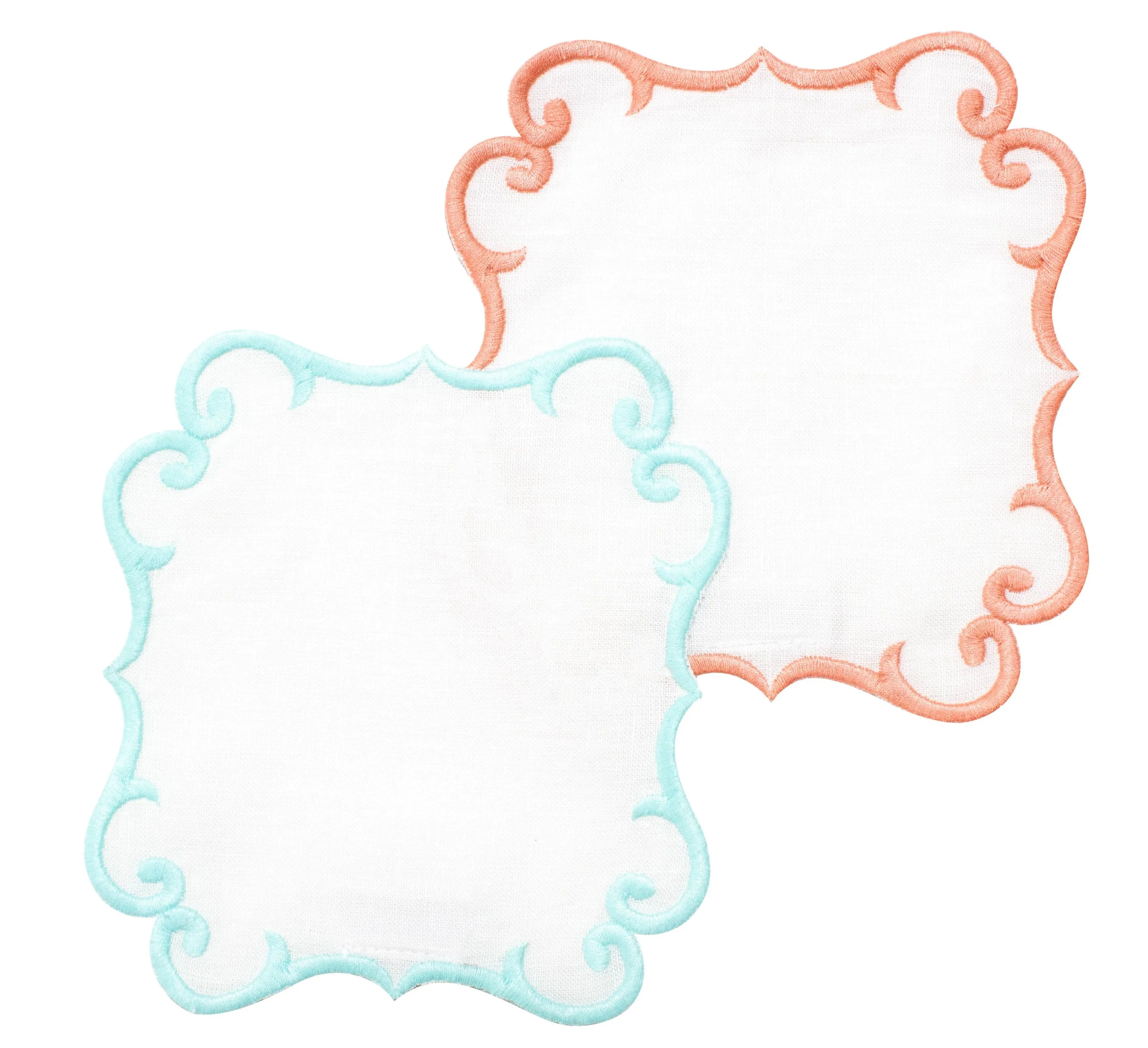 Linen Cocktail Napkins (Set of Four)~ Embroidered Scroll