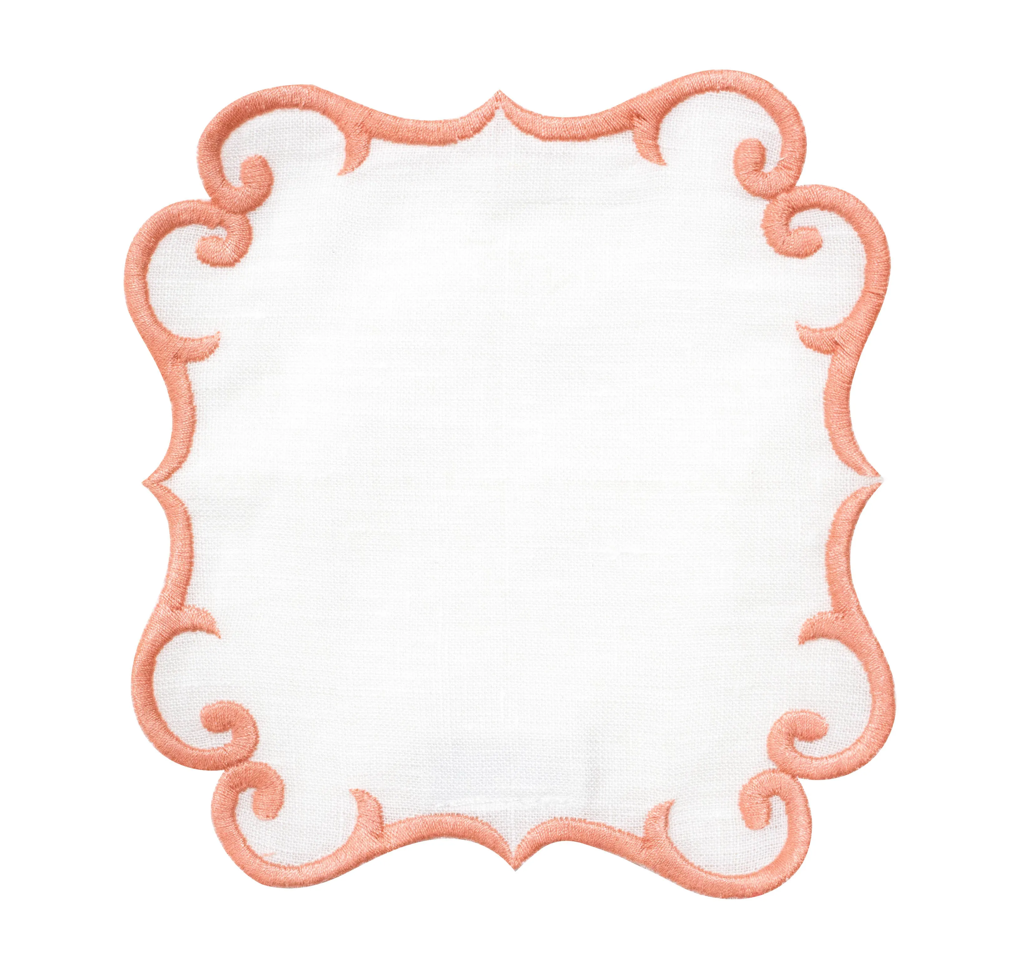 Linen Cocktail Napkins (Set of Four)~ Embroidered Scroll