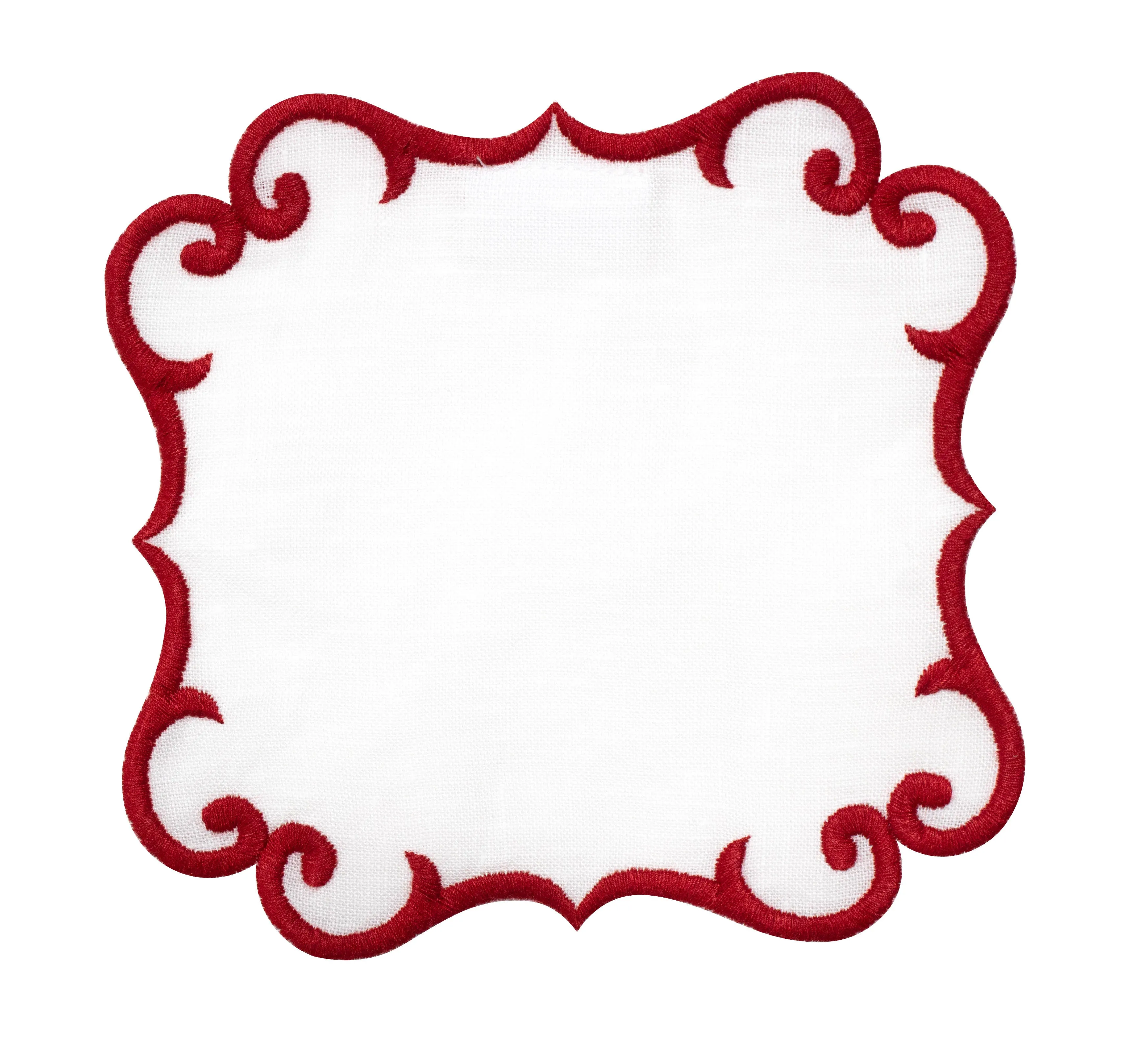 Linen Cocktail Napkins (Set of Four)~ Embroidered Scroll