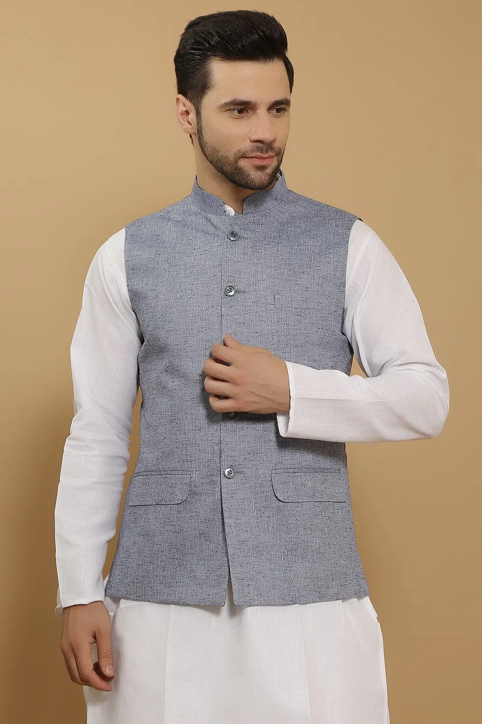 Linen Cotton Blue Modi Nehru Jacket