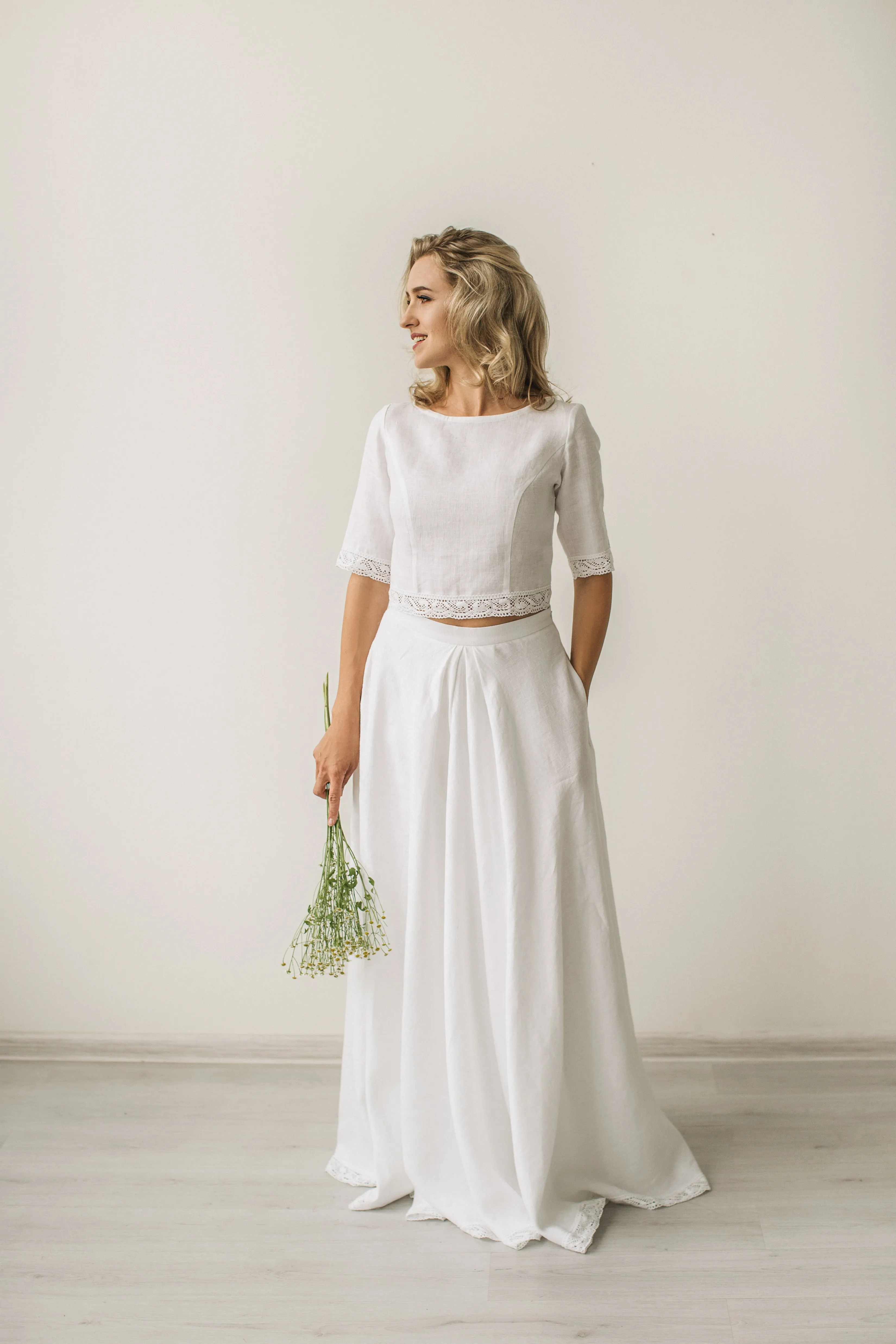 Linen Crop Top Wedding Dress
