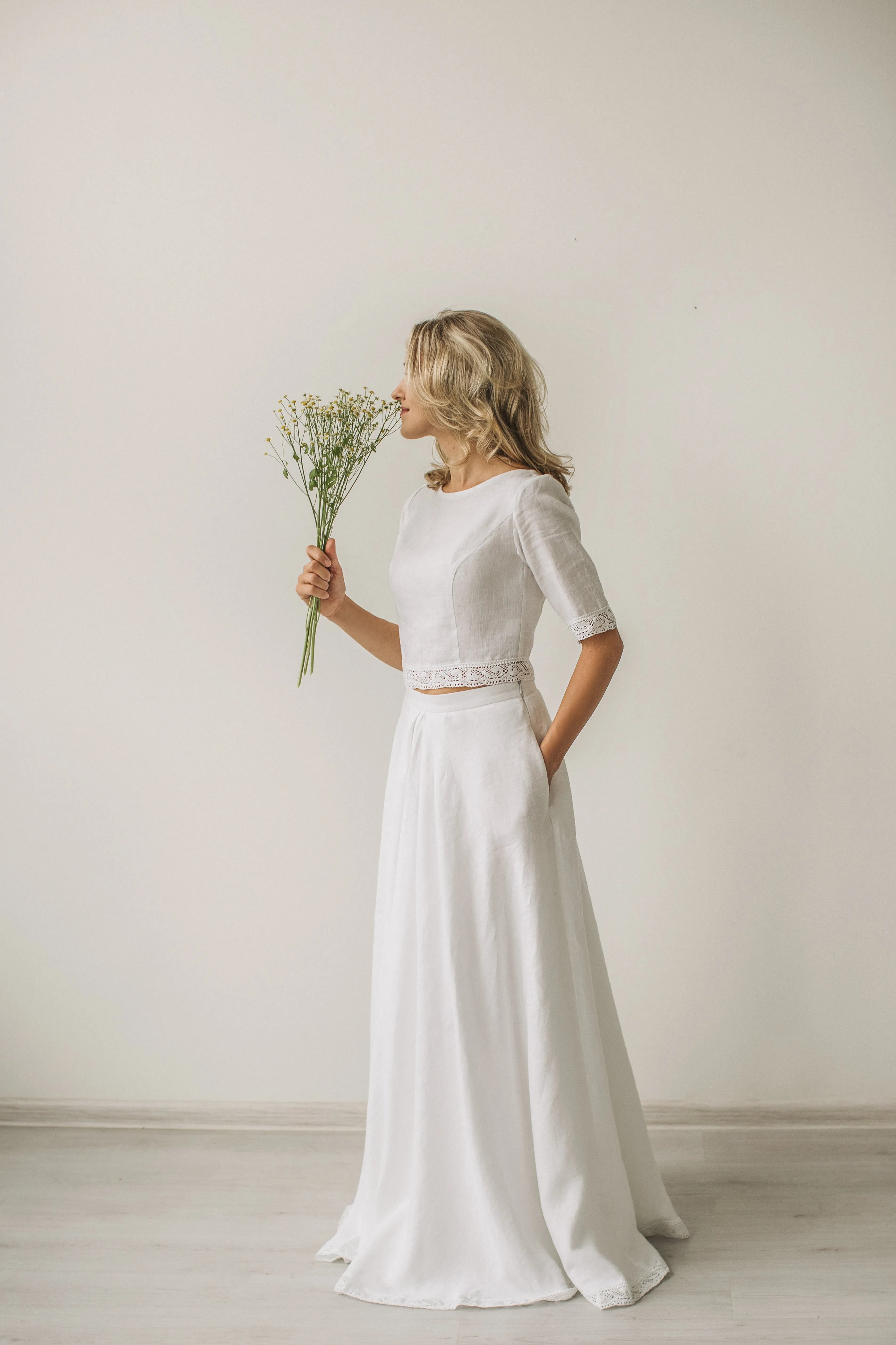 Linen Crop Top Wedding Dress