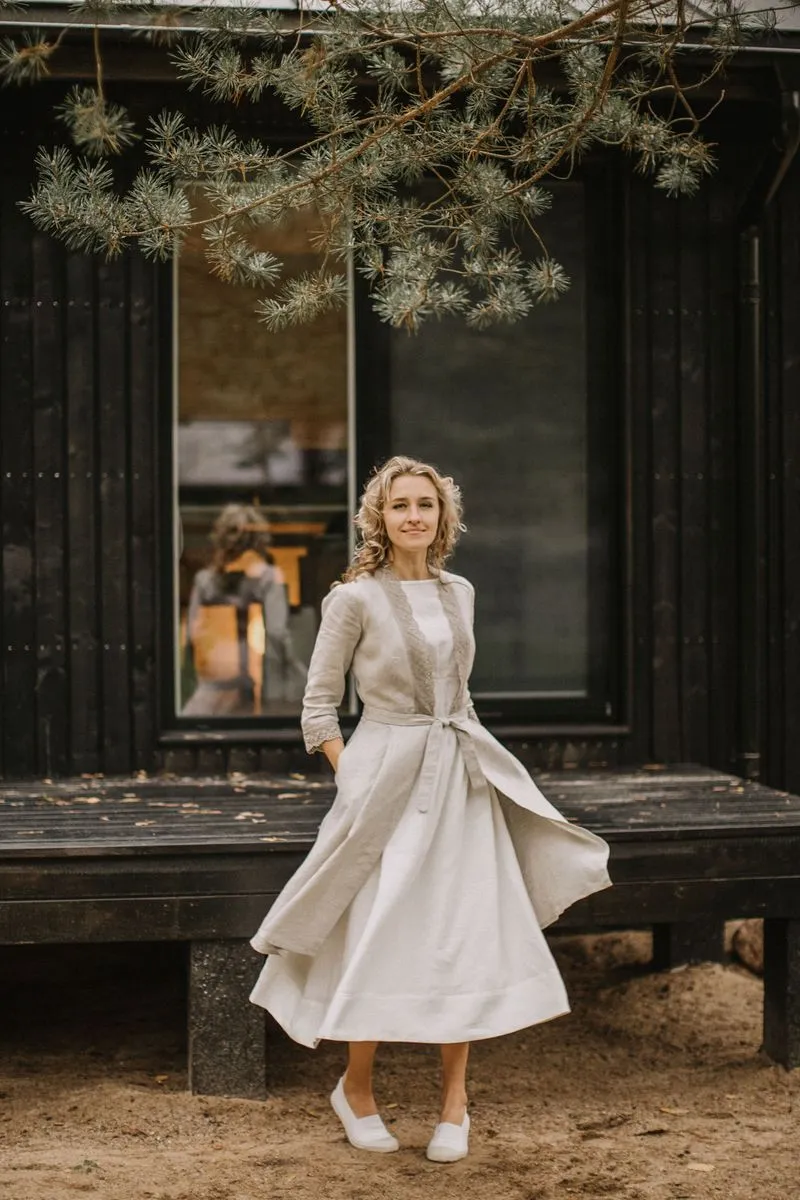 Linen Wedding Dress Coat With Lace