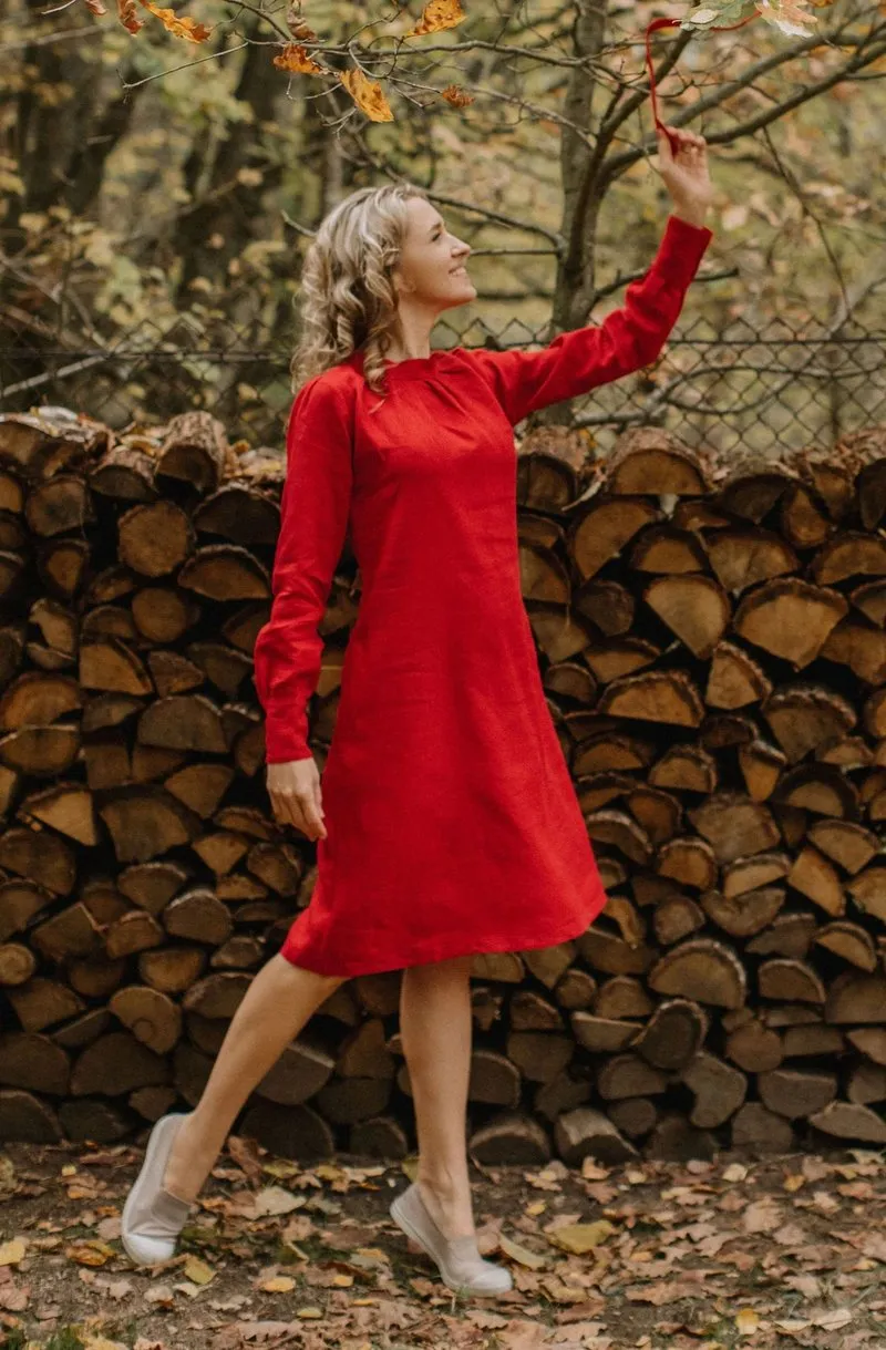 Long-Sleeves Mock-Neckline Linen Dress