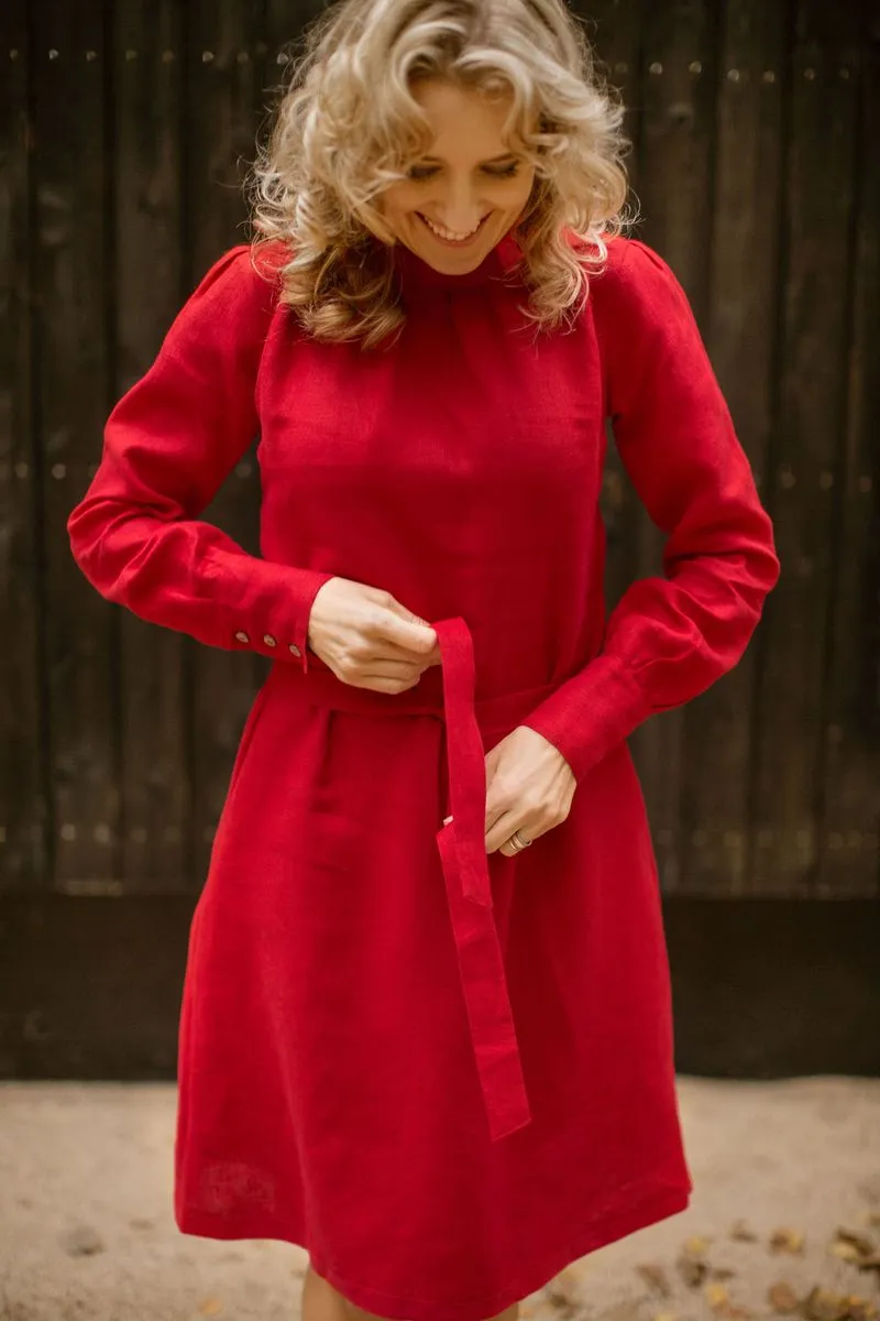 Long-Sleeves Mock-Neckline Linen Dress
