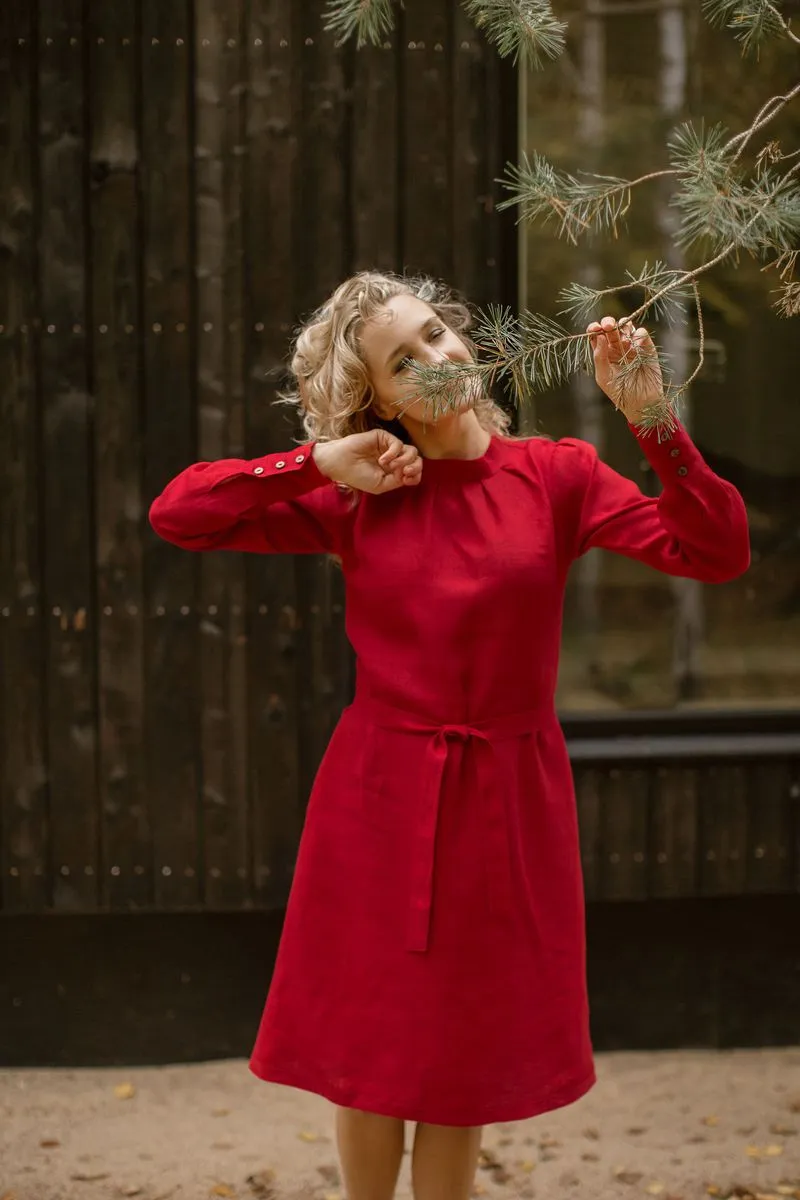 Long-Sleeves Mock-Neckline Linen Dress