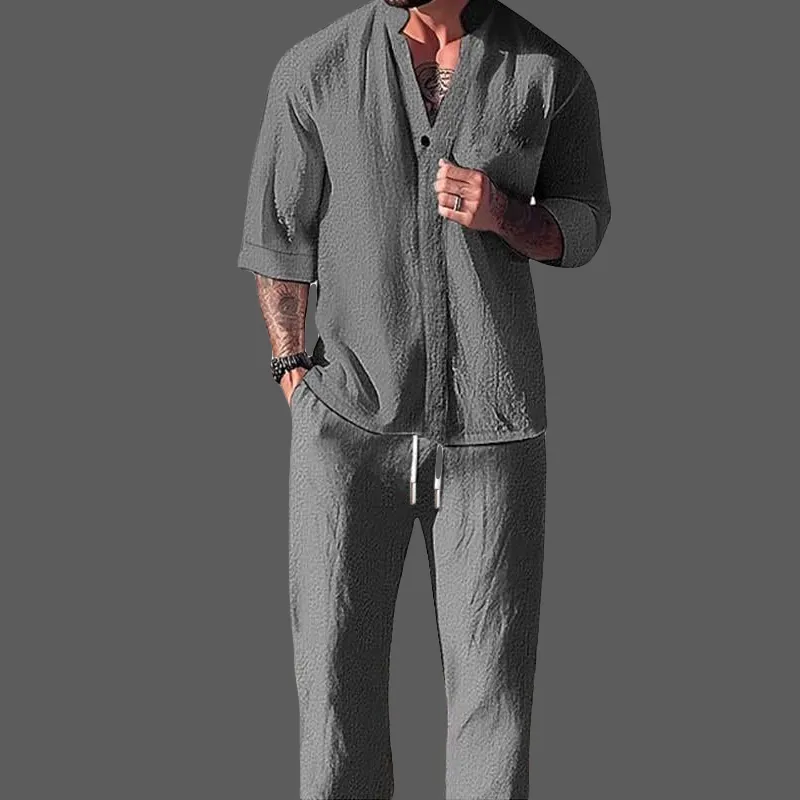 Loungewear Luxe™ | Men's Cotton Linen Blend Set | V-Neck Long Sleeve Top & Drawstring Trousers for Ultimate Comfort