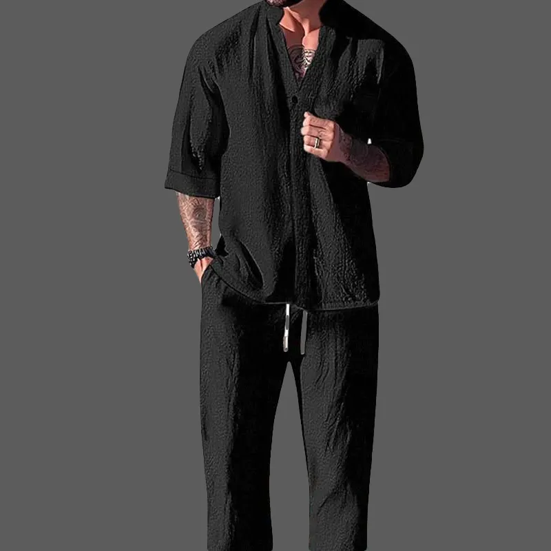 Loungewear Luxe™ | Men's Cotton Linen Blend Set | V-Neck Long Sleeve Top & Drawstring Trousers for Ultimate Comfort