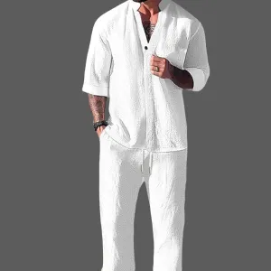 Loungewear Luxe™ | Men's Cotton Linen Blend Set | V-Neck Long Sleeve Top & Drawstring Trousers for Ultimate Comfort