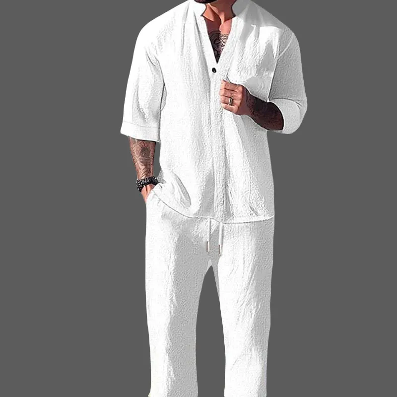 Loungewear Luxe™ | Men's Cotton Linen Blend Set | V-Neck Long Sleeve Top & Drawstring Trousers for Ultimate Comfort
